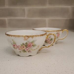 Jean Pouyat Limoge France Stamped Porcelain Pink Rose Teacups Vintage